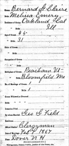 New Hampshire Marriage Record of Bernard St. Claire to Melissa Emery, 7 Feb 1867